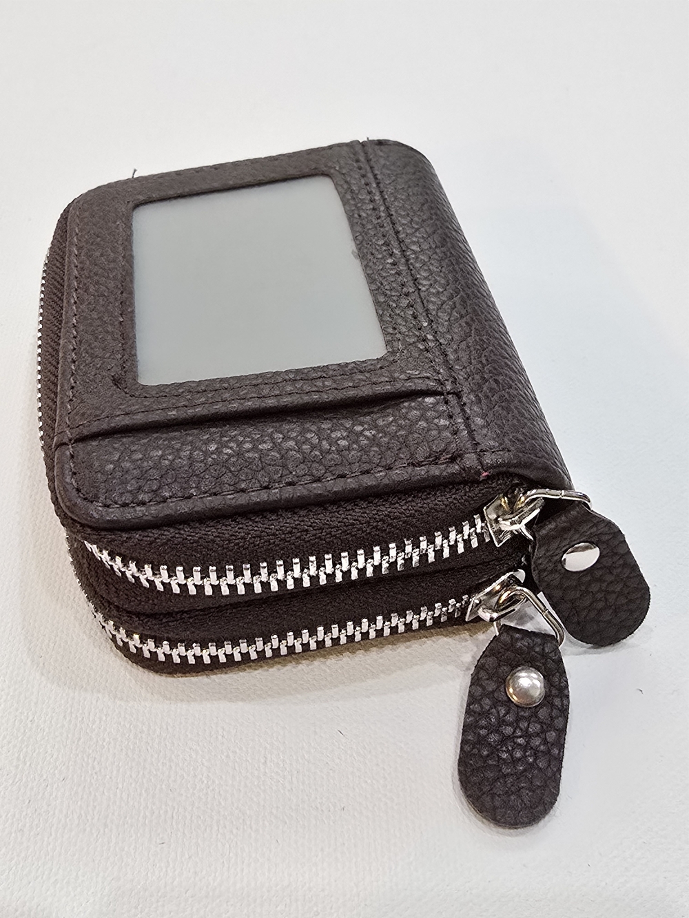 Brown Double-Zip Pebbled Card Wallet with ID Window